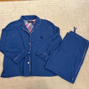 Ralph Lauren Women's Plaid Trim Blue Cotton Jersey Pajama Set